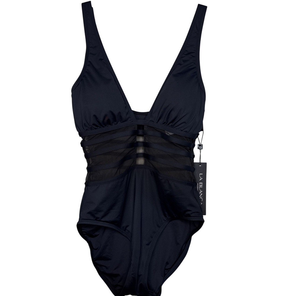 La Blanca Black Island Goddess Tummy Control Sz 4 Mesh Inset One-piece Swim Wmns